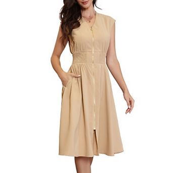 Work Dresses for Women's Smocked Waist Zipper Sleeveless A Line Midi Dress