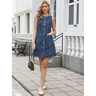 Denim Dress for Women Button Down Sleeveless Collarless Pockets Pencil Jean Dresses
