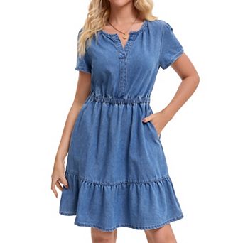 Women Denim Dress Casual Short Sleeve Elastic Waist A-Line Ruffle Hem Jean Dresses with Pockets