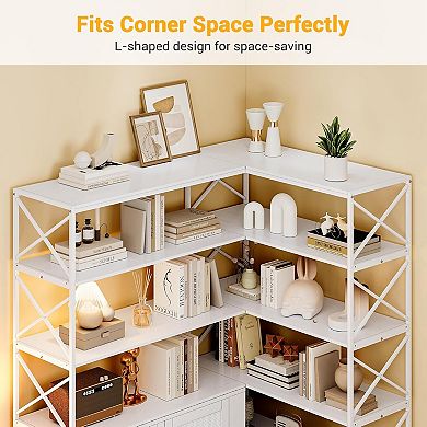 Corner Bookshelf - 6-Tier L-Shaped Farmhouse Storage Unit