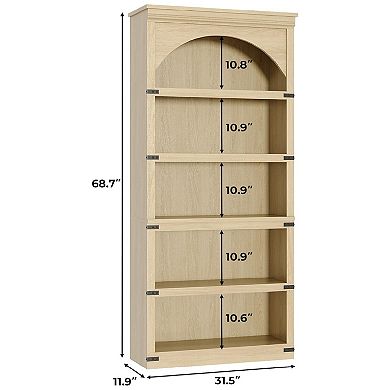Farmhouse Arched Bookshelf - 5-Tier Wood Shelf with Base