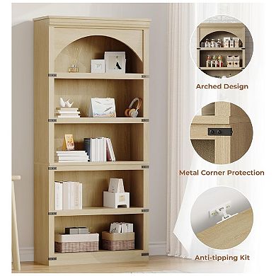 Farmhouse Arched Bookshelf - 5-Tier Wood Shelf with Base
