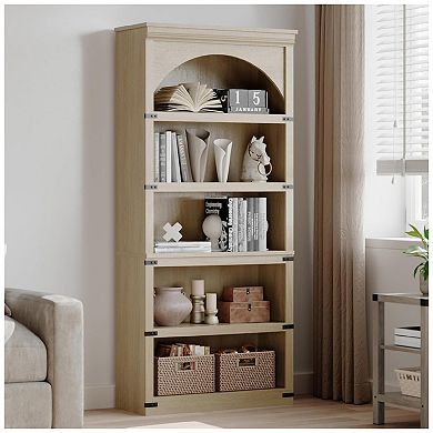 Farmhouse Arched Bookshelf - 5-Tier Wood Shelf with Base