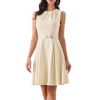 Work Dresses for Womens Sleeveless Elegant Pleated Neck Knee Length A-line Dress