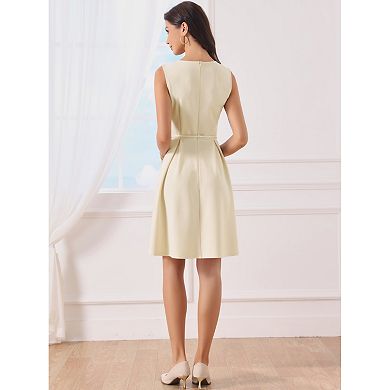 Work Dresses for Womens Sleeveless Elegant Pleated Neck Knee Length A-line Dress