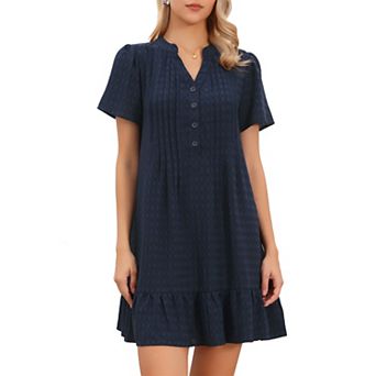 Babydoll Dress for Womens V Neck Short Sleeve Textured Ruffle Hem Tunic Dresses
