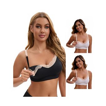 3 Packs Women's Lace Trim Soft Cup Nursing Bras Wirefree Front Closure Breastfeeding Lingerie