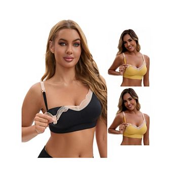 3 Packs Women's Lace Trim Soft Cup Nursing Bras Wirefree Front Closure Breastfeeding Lingerie