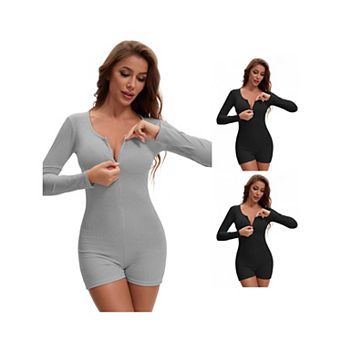 3 Packs Women's Long Sleeves Shapewear Tummy Control Front Zipper Ribbed Boyshorts Leotard