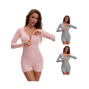 3 Packs Women's Long Sleeves Shapewear Tummy Control Front Zipper Ribbed Boyshorts Leotard