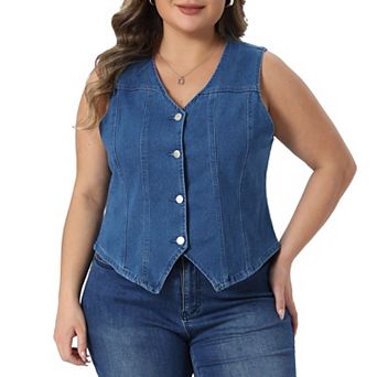 Women's Plus Size Denim Vest Top Button Down Casual Sleeveless Jean Jacket Suit Waistcoat Vests