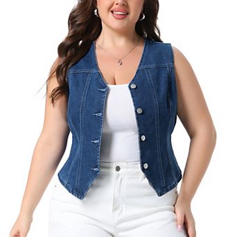Women's Plus Size Denim Vest Top Button Down Casual Sleeveless Jean Jacket Suit Waistcoat Vests