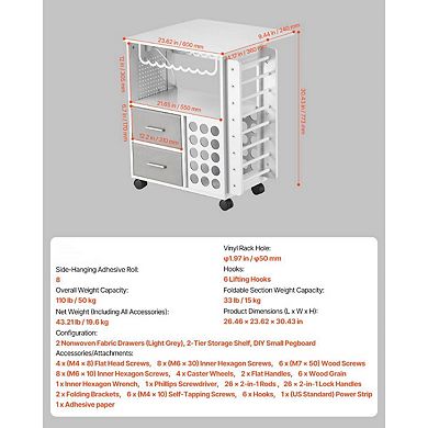 Rolling Craft Cart with Drawers, Pegboard, and Built-In Charging Station