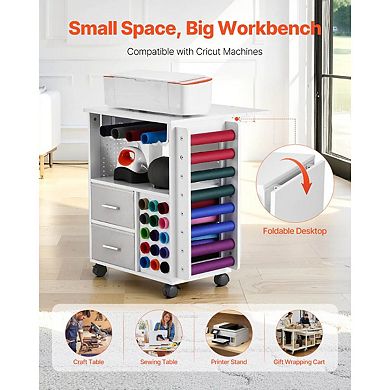 Rolling Craft Cart with Drawers, Pegboard, and Built-In Charging Station