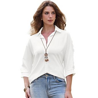 3/4 Sleeve Button Down Shirts for Women Lace Crochet Casual V Neck Elegant Office Work Shirt Blouse