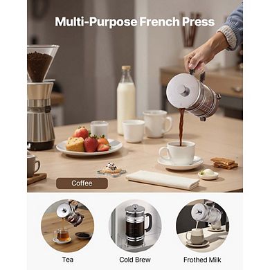 1L French Press Coffee Brewer Dishwasher Safe for Home, Office, or Travel - Silver
