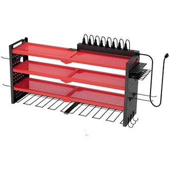 Wall Mounted Power Tool Rack with 4 Shelves and 8-Outlet Charging Bar