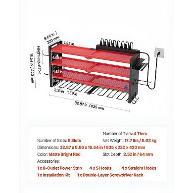 Wall Mounted Power Tool Rack with 4 Shelves and 8-Outlet Charging Bar