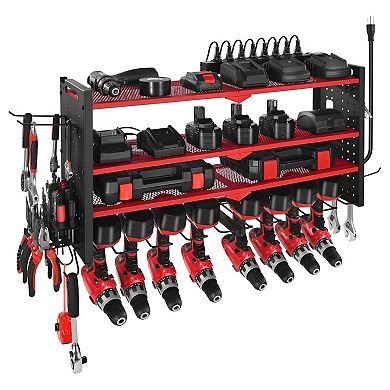 Wall Mounted Power Tool Rack with 4 Shelves and 8-Outlet Charging Bar
