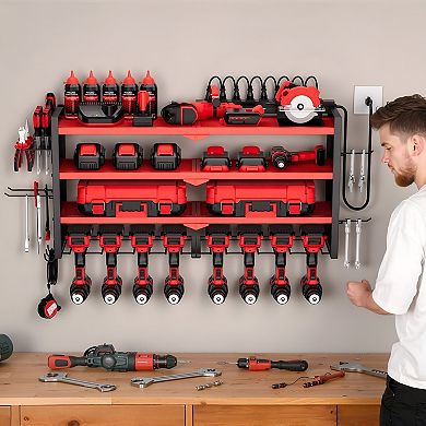 Wall Mounted Power Tool Rack with 4 Shelves and 8-Outlet Charging Bar