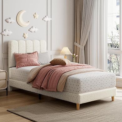 Bed Frame Boucle Upholstered Platform Bed with Wave Headboard for Kids Wooden Slats Support