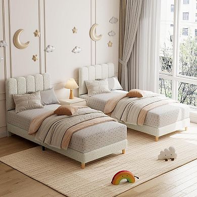 Bed Frame Boucle Upholstered Platform Bed with Wave Headboard for Kids Wooden Slats Support