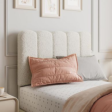 Bed Frame Boucle Upholstered Platform Bed with Wave Headboard for Kids Wooden Slats Support