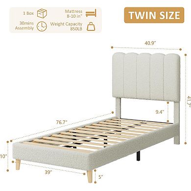 Bed Frame Boucle Upholstered Platform Bed with Wave Headboard for Kids Wooden Slats Support