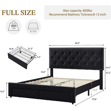 Bed Frame with 2 Storage Drawers, Vintage Velvet Upholstered Bedframe with Headboard