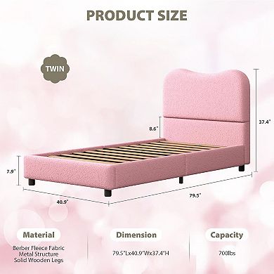 Bed Frame for Kids with Velvet Upholstered Headboard Cute Low Profile Platform Bed