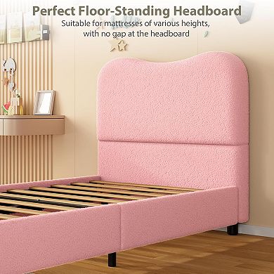 Bed Frame for Kids with Velvet Upholstered Headboard Cute Low Profile Platform Bed