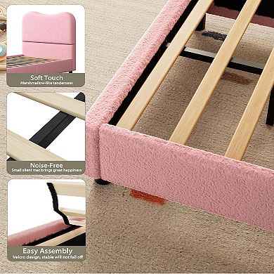 Bed Frame for Kids with Velvet Upholstered Headboard Cute Low Profile Platform Bed