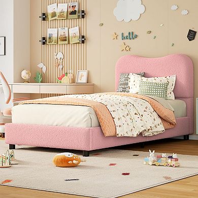 Bed Frame for Kids with Velvet Upholstered Headboard Cute Low Profile Platform Bed
