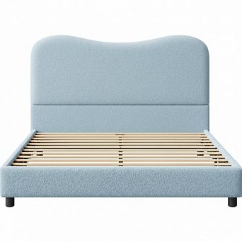 Bed Frame for Kids with Velvet Upholstered Headboard Cute Low Profile Platform Bed