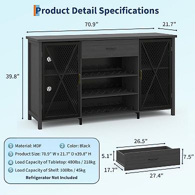 71in Wine Bar Cabinet Buffet Cabinet with Storage Drawer and Adjustable Shelf with Wine Racks