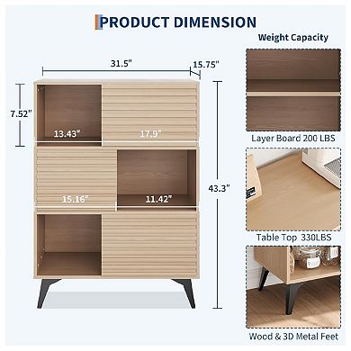 Fluted Storage Cabinet with Sliding Doors, Floor Cabinet Modern 3-Tier Display Stand with Legs