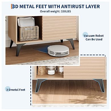 Fluted Storage Cabinet with Sliding Doors, Floor Cabinet Modern 3-Tier Display Stand with Legs