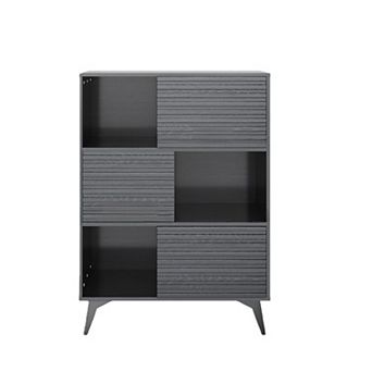 Fluted Storage Cabinet with Sliding Doors, Floor Cabinet Modern 3 tier Display Stand with Legs