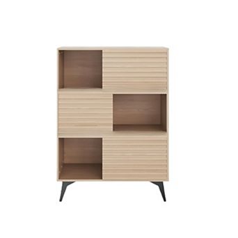 Fluted Storage Cabinet with Sliding Doors, Floor Cabinet Modern 3 tier Display Stand with Legs