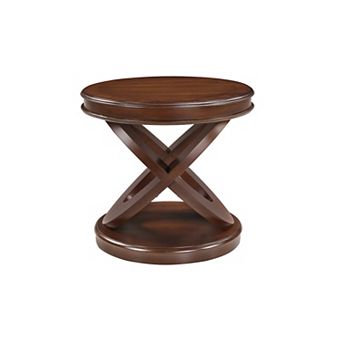 Walnut Retro Round Wooden End Table X-Shape Base Sofa Side Table