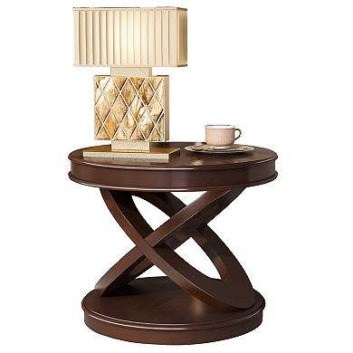 Walnut Retro Round Wooden End Table X-Shape Base Sofa Side Table