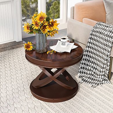 Walnut Retro Round Wooden End Table X-Shape Base Sofa Side Table