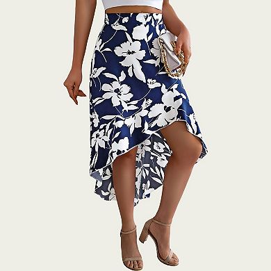 Women’s Floral Print High-Low Skirt with Elegant Asymmetrical Hem and Flattering Fit