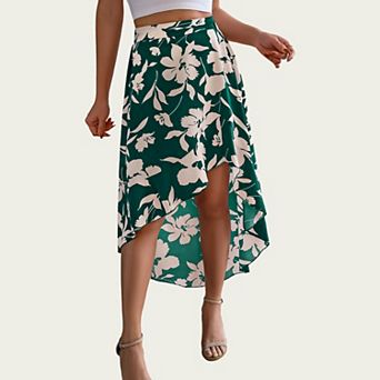Women’s Floral Print High-Low Skirt with Elegant Asymmetrical Hem and Flattering Fit