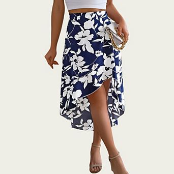 Women’s Floral Print High-Low Skirt with Elegant Asymmetrical Hem and Flattering Fit