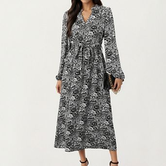 Women’s Black Paisley Print Dress with Long Sleeves and V-Neckline