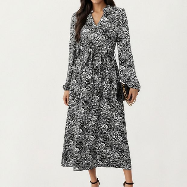 Anna-Kaci Women s Black Paisley Print Dress with Long Sleeves and V-Neckline, Large 12-14 / Black