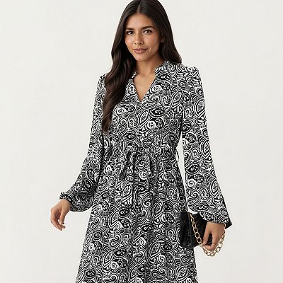 black white paisley dress Belted Midi Dress - Engraved Metallic Paisley