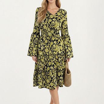 Women’s Floral V-Neck Dress with Bell Sleeves and Tiered Skirt