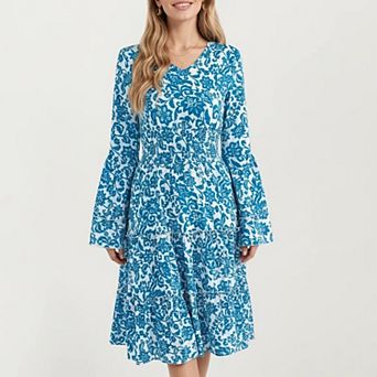 Women’s Floral V-Neck Dress with Bell Sleeves and Tiered Skirt